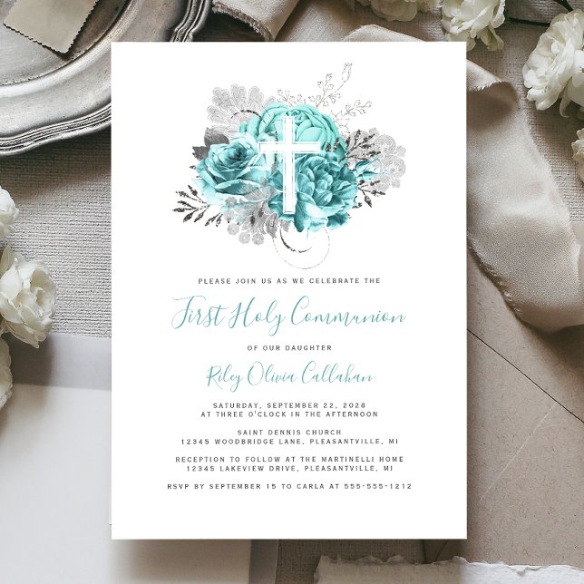 Invitación Primera comunión floral de la Cruz de la Foto Aqua (Subido por el creador)
