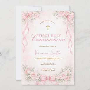 Invitación Primera Comunión Floral de Lazo Rosa Elegante