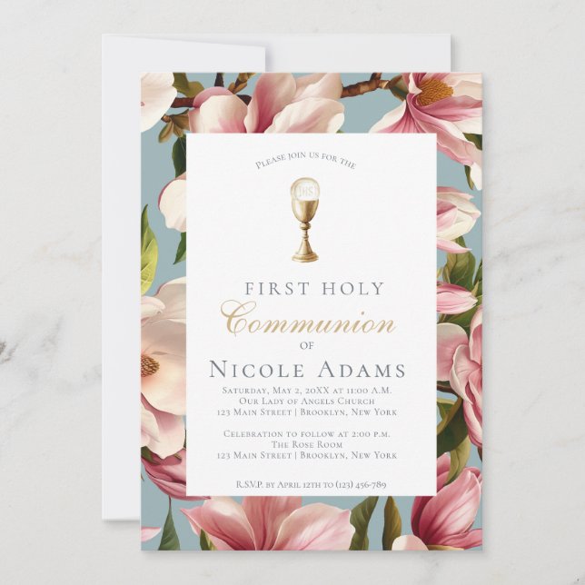 Invitación Primera Comunión Floral de Magnolia (Anverso)