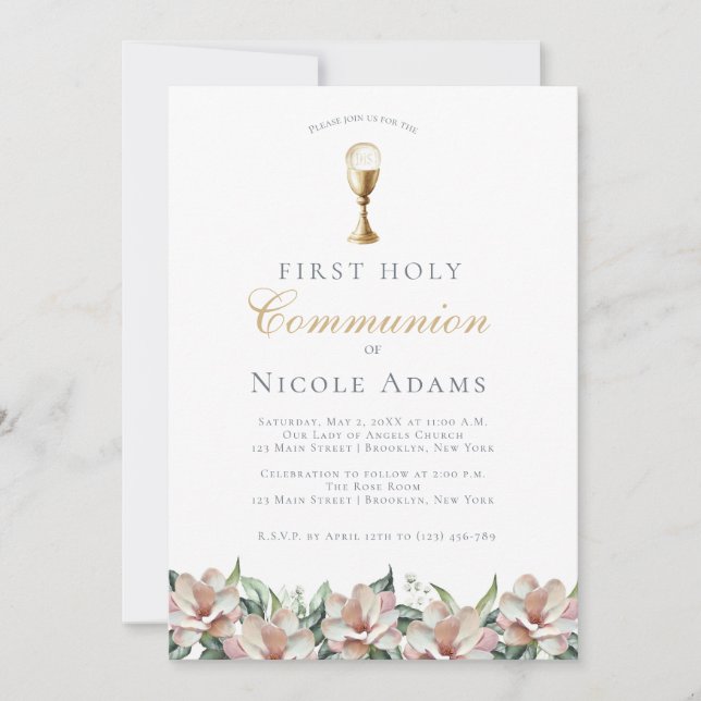 Invitación Primera Comunión Floral de Magnolia (Anverso)