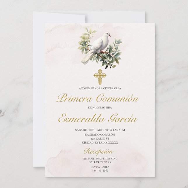 Invitación Primera comunión floral de paloma blanca Invitació (Anverso)