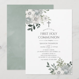 Invitación Primera Comunión Floral de Salvia Plateada en Acua