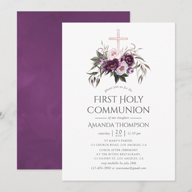 Invitación Primera Comunión Floral de Terciopelo Profundo (Anverso / Reverso)