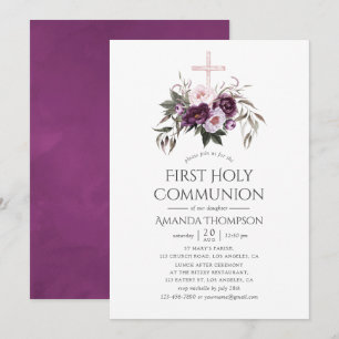 Invitación Primera Comunión Floral de Terciopelo Profundo