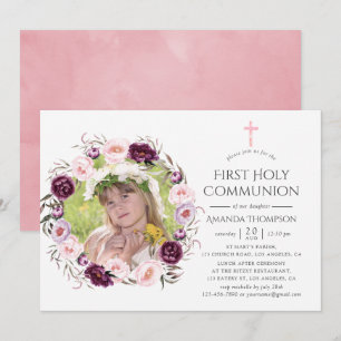 Invitación Primera Comunión Floral de Terciopelo Profundo y R