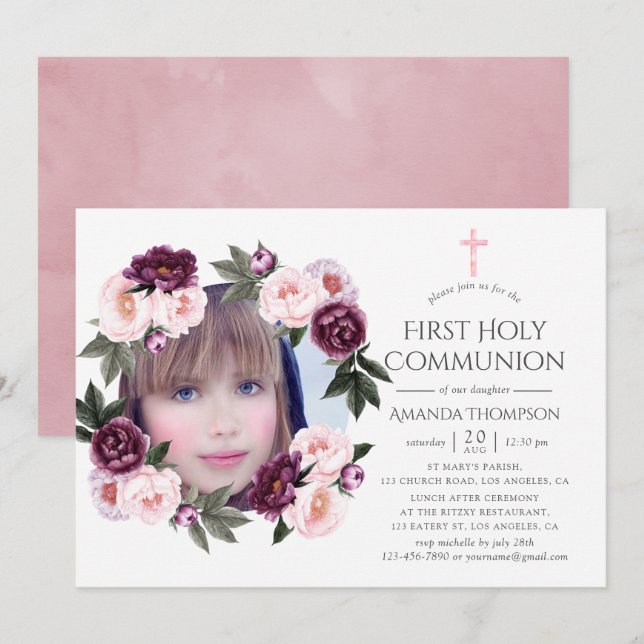 Invitación Primera Comunión Floral de Terciopelo Profundo y R (Anverso / Reverso)
