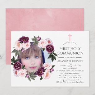 Invitación Primera Comunión Floral de Terciopelo Profundo y R