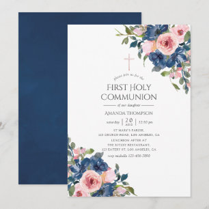 Invitación Primera Comunión Floral en Acuarela Azul Marino y 