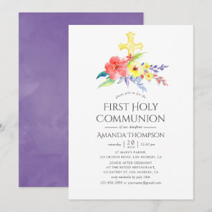 Invitación Primera Comunión floral en acuarela colorida