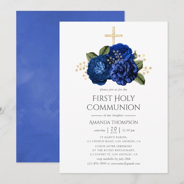 Invitación Primera comunión floral floral azul y oro (Anverso / Reverso)
