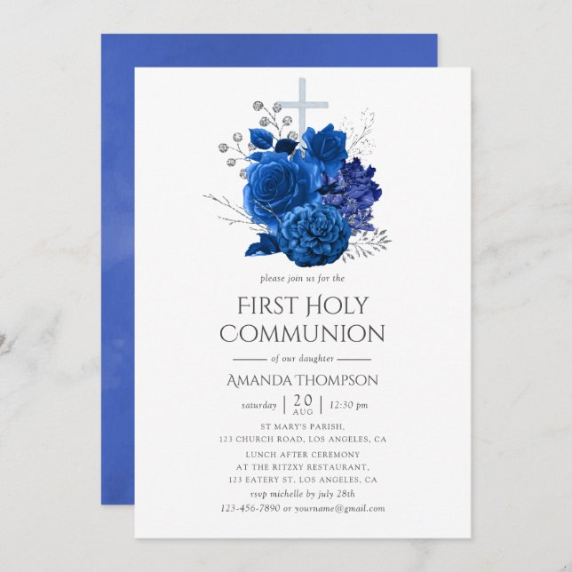 Invitación Primera comunión floral floral azul y plateada (Anverso / Reverso)