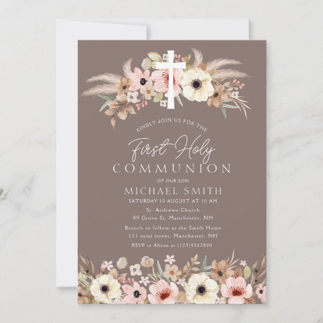 Invitación primera comunión floral floral bohemia moderna (Anverso)