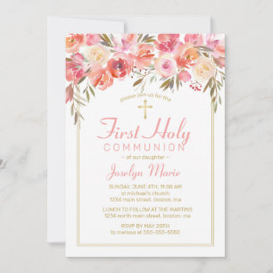 Invitación Primera Comunión Floral Floral Rubor Rosa Rosa