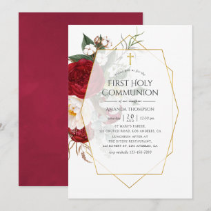 Invitación Primera Comunión Floral Geométrica Burgundy y Blan