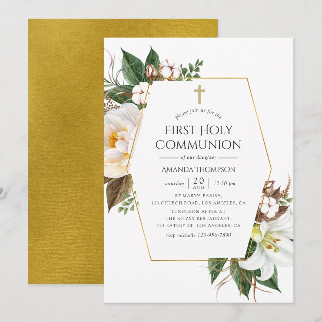 Invitación Primera Comunión Floral Geométrica Dorada (Anverso / Reverso)