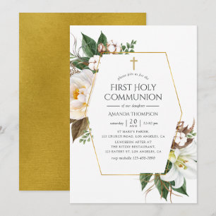 Invitación Primera Comunión Floral Geométrica Dorada