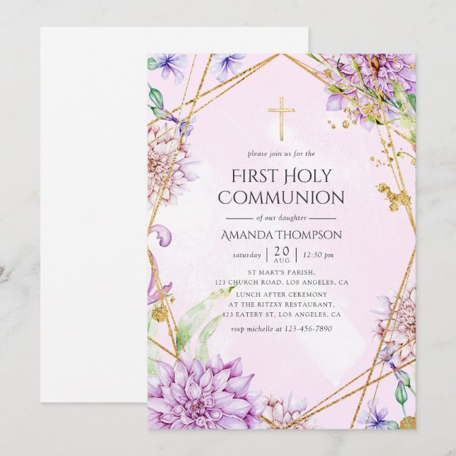 Invitación Primera Comunión Floral Geométrica Dorada y Morada (Anverso / Reverso)
