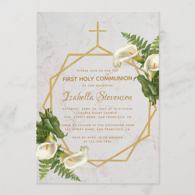 Invitación Primera Comunión Floral Gold Marble Calla Lilies (Anverso)