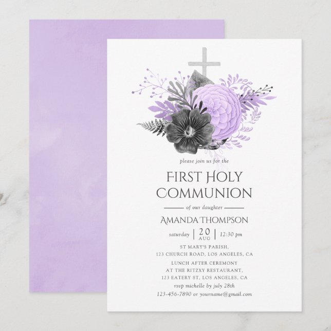 Invitación Primera Comunión Floral Lila y Carbón (Anverso / Reverso)