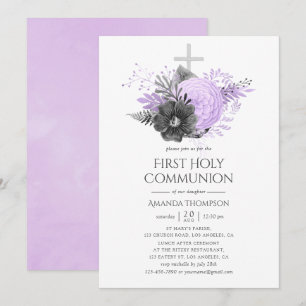 Invitación Primera Comunión Floral Lila y Carbón