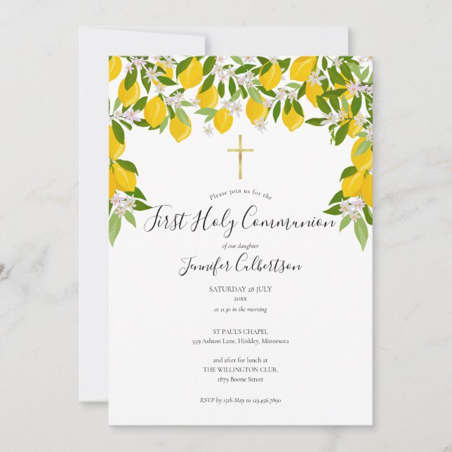 Invitación Primera Comunión Floral Limones Verdor (Anverso)