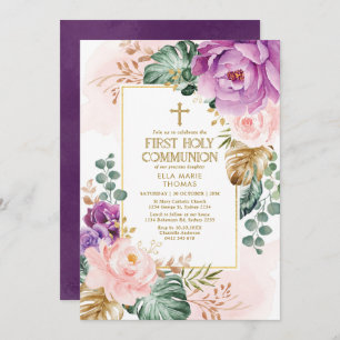 Invitación Primera comunión floral morada Rubor Gold