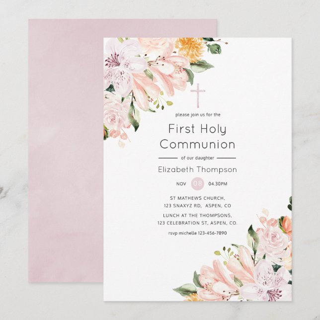 Invitación Primera Comunión Floral Pastel (Anverso / Reverso)