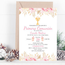 Invitación Primera Comunión Floral Peach Elegant Chalice