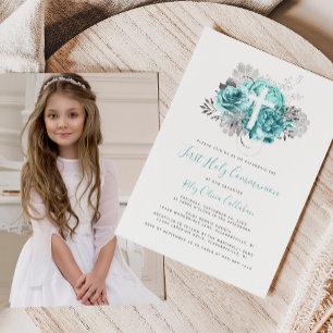 Invitación Primera Comunión Floral Plata Aqua Cruz Fotográfic