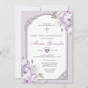 Invitación Primera Comunión Floral Plateada Cruz Morada