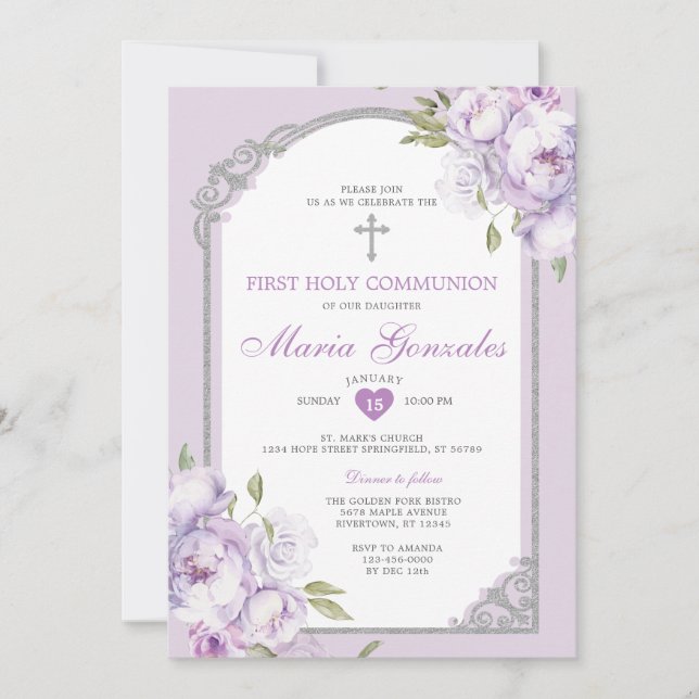 Invitación Primera Comunión Floral Plateada Cruz Morada (Anverso)