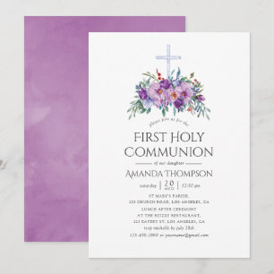 Invitación Primera Comunión Floral Púrpura