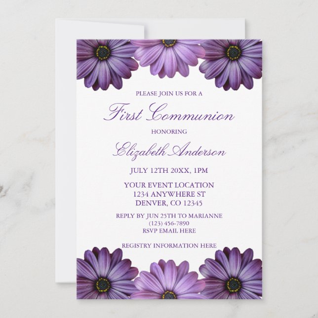 Invitación Primera Comunión Floral Púrpura (Anverso)