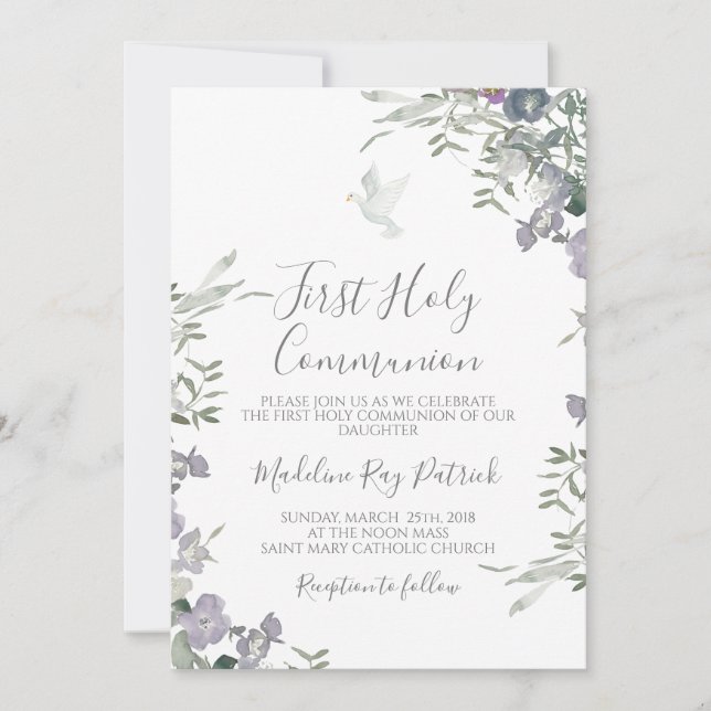 Invitación Primera Comunión Floral Púrpura (Anverso)