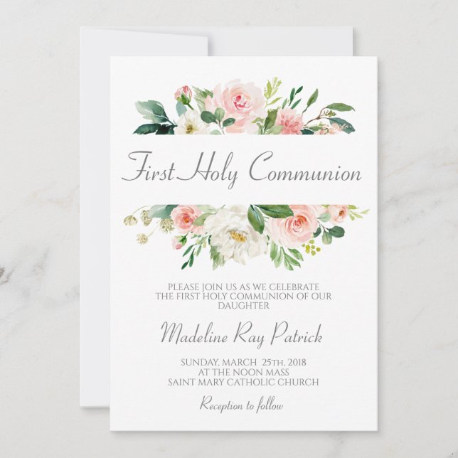 Invitación Primera Comunión Floral Rosa (Anverso)
