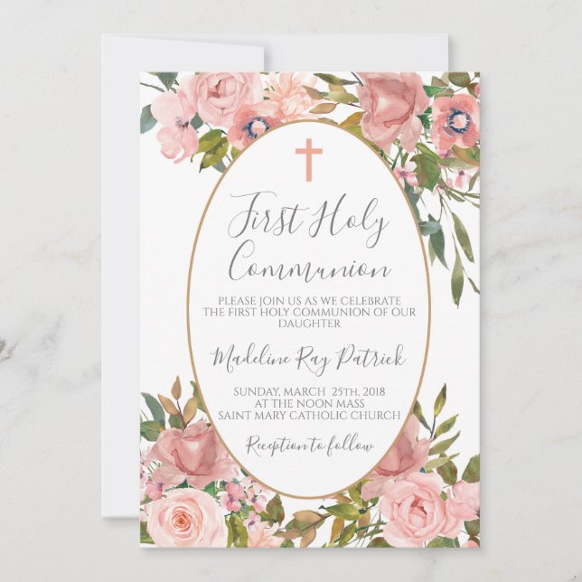 Invitación Primera Comunión Floral Rosa (Anverso)
