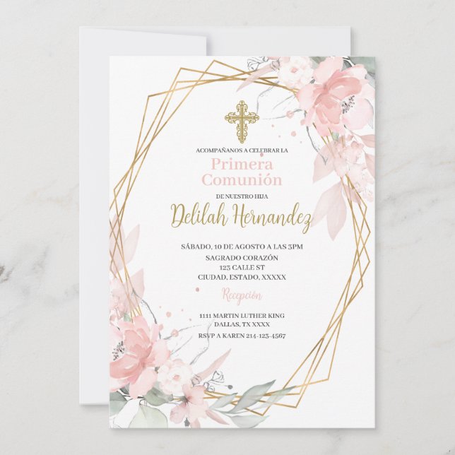 Invitación Primera comunión floral rosa (Anverso)