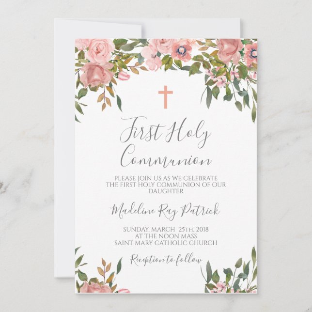 Invitación Primera Comunión Floral Rosa (Anverso)