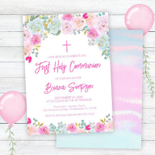Invitación Primera Comunión floral rosa azul melocotón púrpur