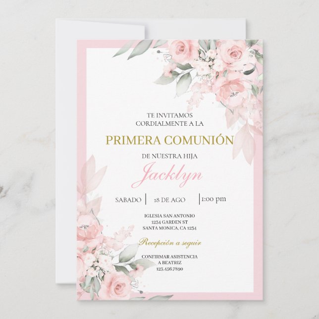 Invitación Primera comunión floral rosa claro (Anverso)