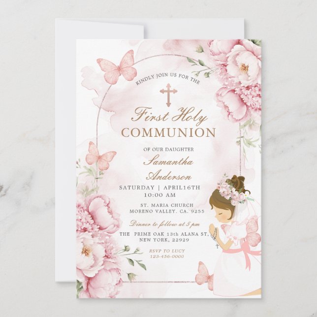 Invitación Primera Comunión Floral Rosa con Niña (Anverso)
