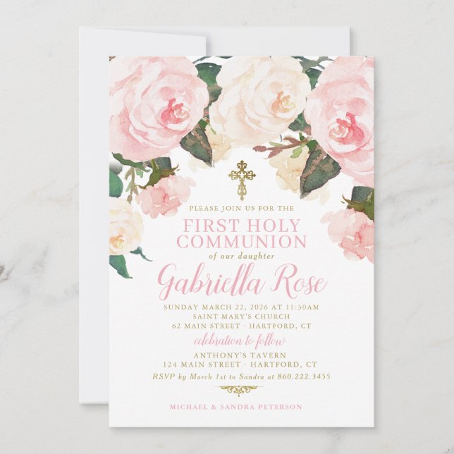 Invitación Primera Comunión, Floral Rosa Dorado (Anverso)