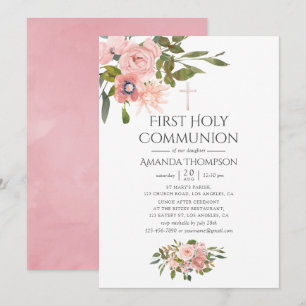 Invitación Primera Comunión Floral Rosa Dorado y Rosa Rubor