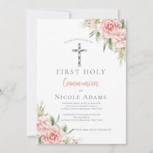 Invitación Primera Comunión Floral Rosa Elegante