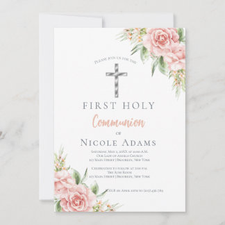 Invitación Primera Comunión Floral Rosa Elegante