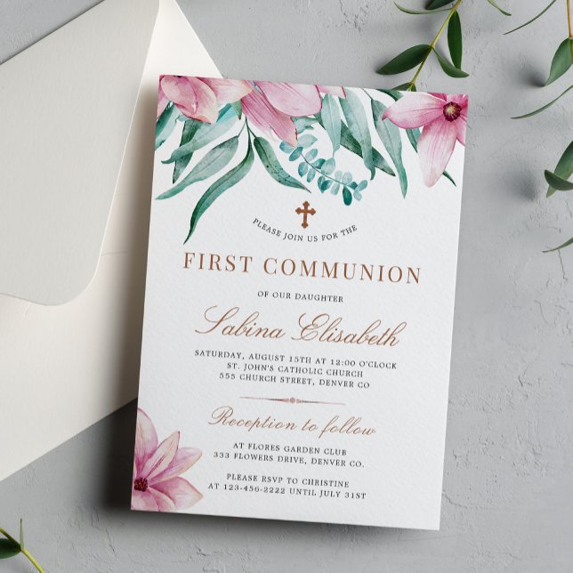 Invitación Primera comunión floral rosa elegante (Subido por el creador)