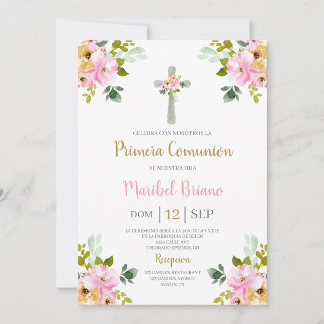 Invitación Primera Comunión floral rosa Español (Anverso)