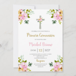 Invitación Primera Comunión floral rosa Español