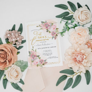 Invitación Primera Comunión Floral Rosa Moderno