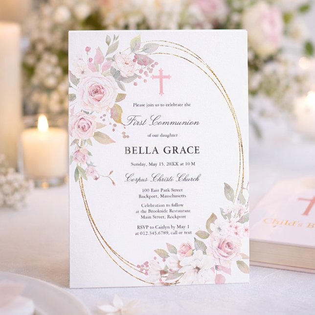 Invitación Primera Comunión Floral Rosa Rosa Rústica (Subido por el creador)